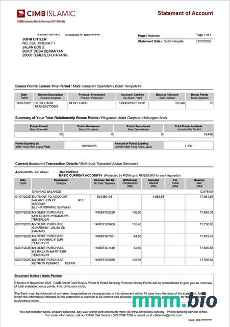Szablon wyciągu z publicznego banku Malezji w programie Word i PDF